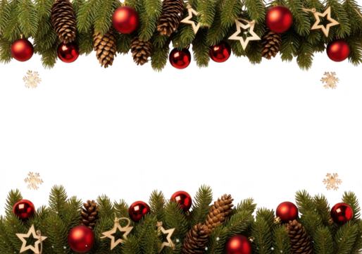 Christmas garland border frame with red ornament bauble pine cone and star decoration isolated on transparent background