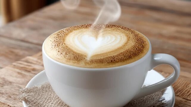 A steaming hot cup of freshly brewed coffee, adorned with a perfectly crafted heart shape in its creamy, frothy foam, sits on a rustic wooden table. Delicate wisps of steam rise gently from the rich, 