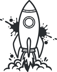 Stylized black and white vector illustration of a rocket launching with dynamic splashes, ideal for adventure and technology themes.