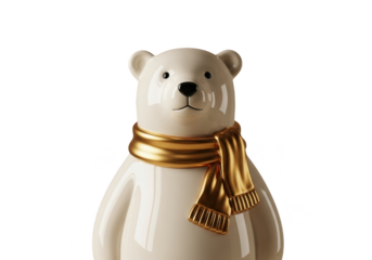 Closeup of a cute white ceramic polar bear figurine wearing a shiny gold scarf, isolated on transparent background