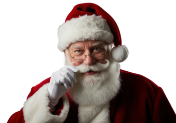 Portrait of a cheerful santa claus with a white beard and glasses touching his mustache, isolated on transparent background