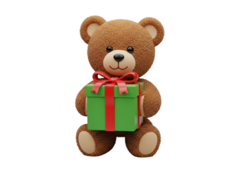 Cute brown teddy bear holding a bright green gift box with a red ribbon isolated on transparent background