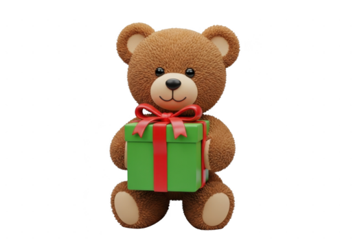 Cute brown teddy bear holding a bright green gift box with a red ribbon isolated on transparent background