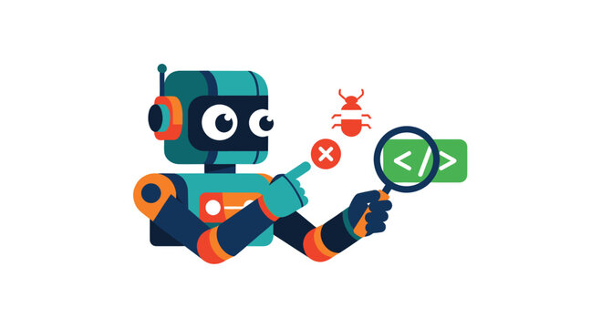 Cartoon robot debugging code with a magnifying glass, pointing to a bug