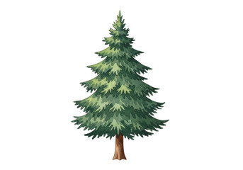 Watercolor illustration of a lush green pine tree with a brown trunk, isolated on transparent background for easy design use