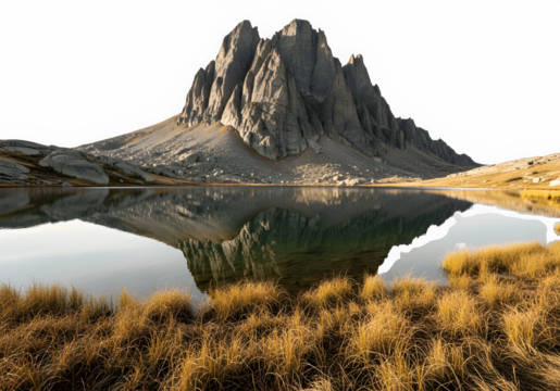 Rocky Mountain Peak with Reflection in Lake and Dry Grass Isolated on Transparent Background PNG