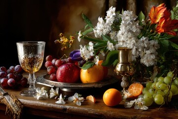 A photorealistic still life of fruits and flowers in the style of the Dutch masters. © Oleg Zhukov