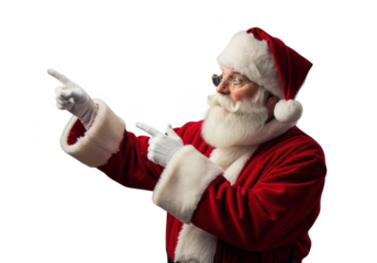 Portrait of santa claus wearing red suit and hat pointing both index fingers to the side isolated on transparent background