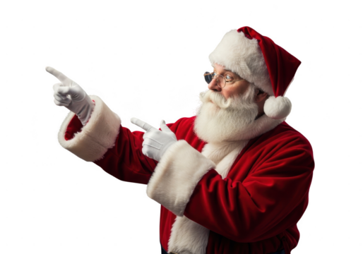 Portrait of santa claus wearing red suit and hat pointing both index fingers to the side isolated on transparent background - Powered by Adobe