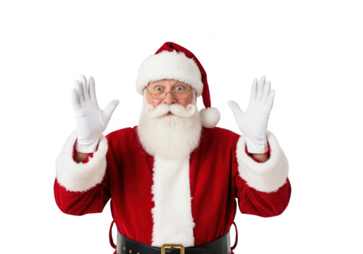 Portrait of cheerful santa claus wearing red suit and hat with white gloves raised up, isolated on transparent background - Powered by Adobe