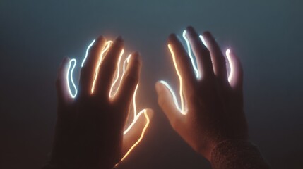 Two hands reaching up towards the sky. the hands are illuminated by a bright light, creating a contrast between the dark background and the bright light.