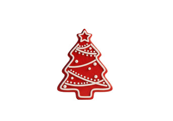 A single red gingerbread cookie shaped like a christmas tree decorated with white icing, isolated on transparent background