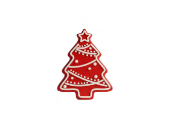 A single red gingerbread cookie shaped like a christmas tree decorated with white icing, isolated on transparent background