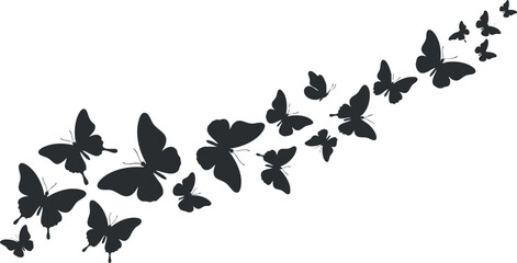 Silhouette vector illustration of butterflies forming a flowing pattern, ideal for nature-themed design projects and decor.