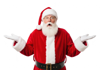 Confused santa claus character wearing red suit and hat with white beard shrugging shoulders isolated on transparent background