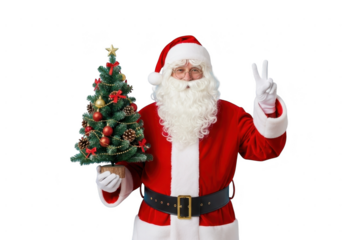 Cheerful santa claus holding a small decorated christmas tree and making a peace sign gesture, isolated on transparent background