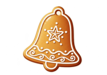 Delicious gingerbread cookie shaped like a festive bell decorated with white royal icing, isolated on transparent background