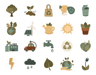 Eco set in scandinavian style presenting various environmental symbols supporting responsible habits for preserving nature through recognizable icons, protection awareness and values