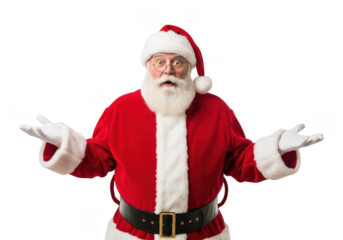 Confused santa claus character with white beard and red suit shrugging with open arms isolated on transparent background