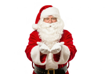 Portrait of cheerful santa claus in red suit with white beard holding out hands isolated on transparent background