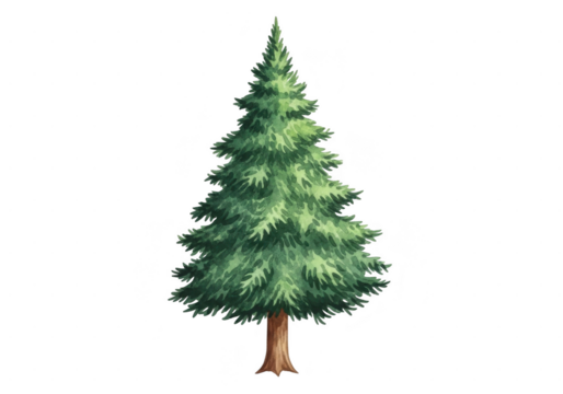Watercolor illustration of a lush green fir tree with a brown trunk, isolated on transparent background for easy editing and design use