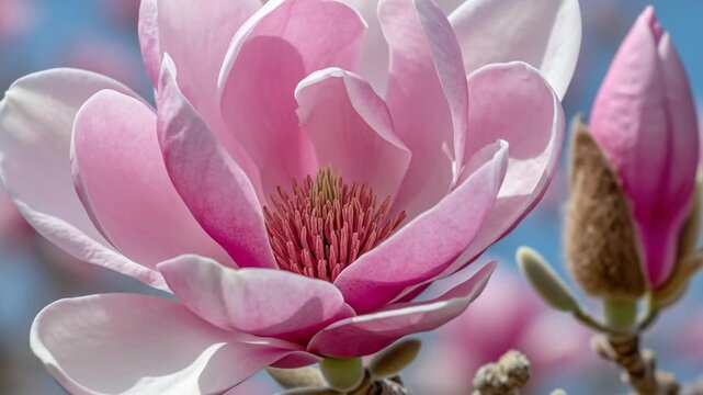 A stunning close-up captures a vibrant pink blossom in full bloom, showcasing its delicate petals gracefully unfurling and revealing the intricate stamen structure at its core. Nestled beside the open
