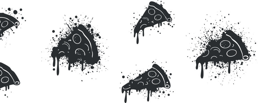 Stylish black vector icon set featuring pizza slices with playful splash designs, ideal for food branding and graphic projects