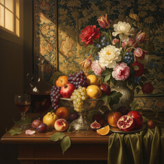 A photorealistic still life of fruits and flowers in the style of the Dutch masters. © Oleg Zhukov