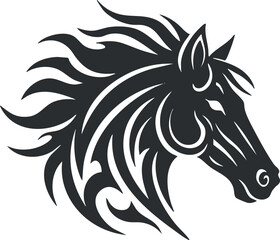 Obraz premium Stylized black and white vector illustration of a horse head with flowing mane, perfect for logo and branding projects.