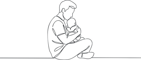 Minimalist line art illustration of a father holding his baby, representing love and parenting in a modern style