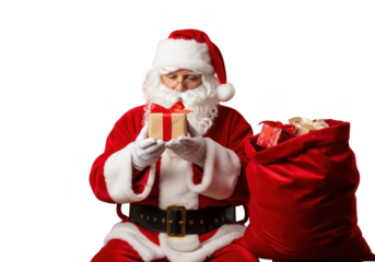 Santa claus holding a small wrapped gift box while sitting next to a large red sack full of presents, isolated on transparent background
