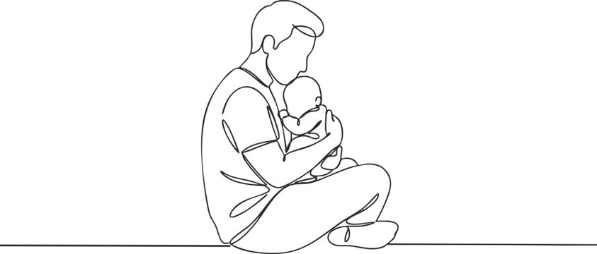 Naklejki Minimalist line art illustration of a father holding his baby, representing love and parenting in a modern style