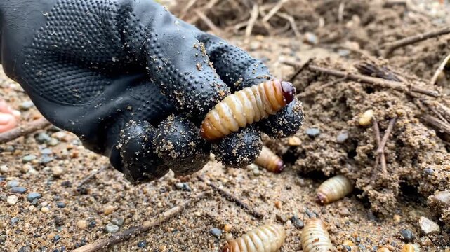 Grub Worm in Hand: Close-up of Larva in Soil
