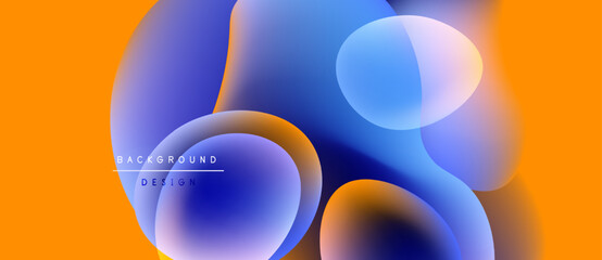 Abstract fluid shapes blend, creating vibrant orange, blue gradients. Design elements suggest modern background texture, smooth transitions.