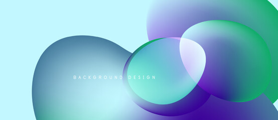 Abstract fluid shapes overlap, creating vibrant color gradients. Blue, green, purple hues blend seamlessly. Modern design element.