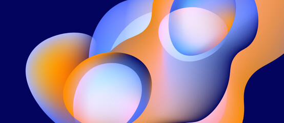 Abstract shapes overlap, creating vibrant gradients. Blues, oranges, whites blend seamlessly. Modern design, smooth curves dominate composition.
