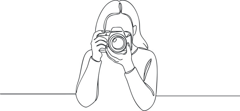 Minimalist line art illustration of a woman holding a camera, perfect for photography and creative design projects