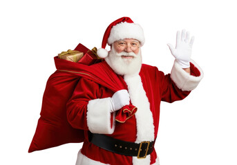 Cheerful santa claus wearing red suit and hat with white beard carrying large gift sack and waving hand isolated on transparent background