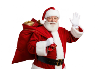 Cheerful santa claus wearing red suit and hat with white beard carrying large gift sack and waving hand isolated on transparent background