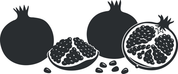 Fototapeta premium Minimalist black and white vector illustration of pomegranates showcasing whole fruits and seeds, ideal for health and food design projects