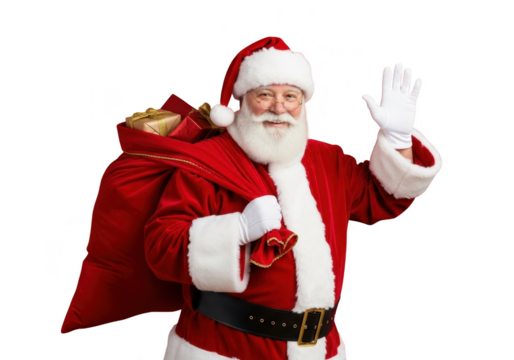 Cheerful santa claus wearing red suit and hat with white beard carrying large gift sack and waving hand isolated on transparent background