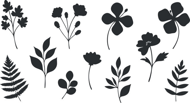Elegant silhouette vector illustration of various floral and leaf designs for botanical themes and creative projects