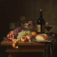 A photorealistic still life of fruits and flowers in the style of the Dutch masters. © Oleg Zhukov