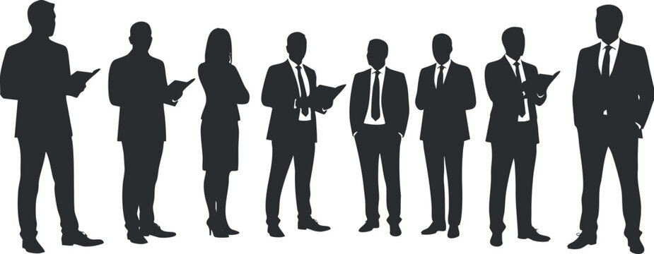 Silhouette vector illustration of diverse business professionals engaged in a meeting or presentation, ideal for corporate branding and design.