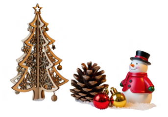 Wooden cutout christmas tree decoration next to a pinecone, shiny baubles, and a small snowman figure isolated on transparent background