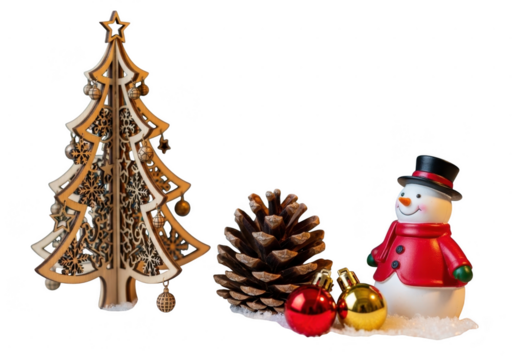 Wooden cutout christmas tree decoration next to a pinecone, shiny baubles, and a small snowman figure isolated on transparent background