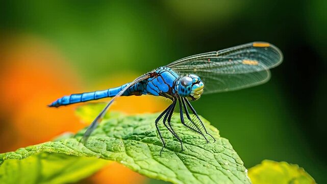 close up of a blue dragonfly on a leaf video