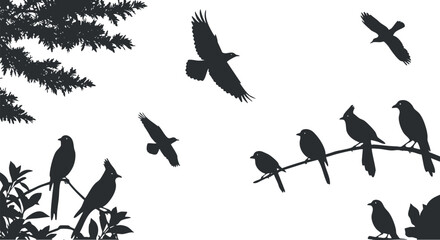 Fototapeta premium Elegant silhouette vector illustration of various birds in flight and perched on branches, ideal for nature-themed design projects