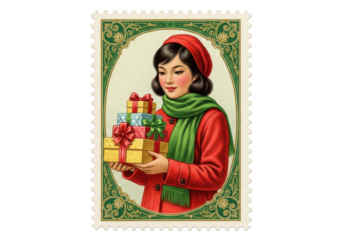 Vintage illustration of a young woman in a red coat and green scarf holding a stack of colorful christmas presents, designed as a postage stamp isolated on transparent background