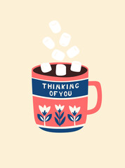 Hygge Hot Chocolate with Marshmallows, Cozy Scandinavian Winter Illustration